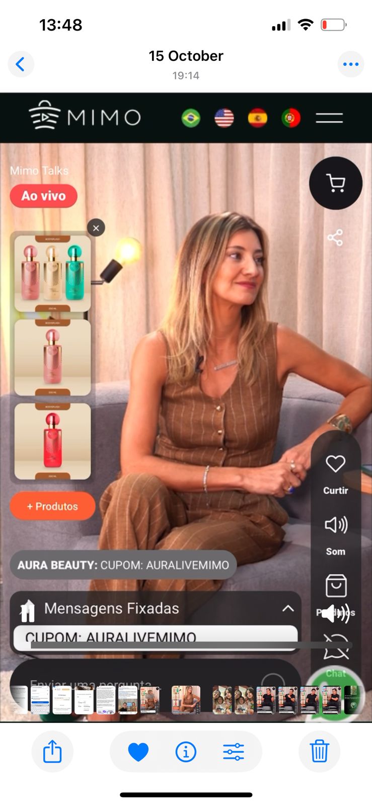 MIMO Live Commerce em ação - Interface do podcast ao vivo com live commerce